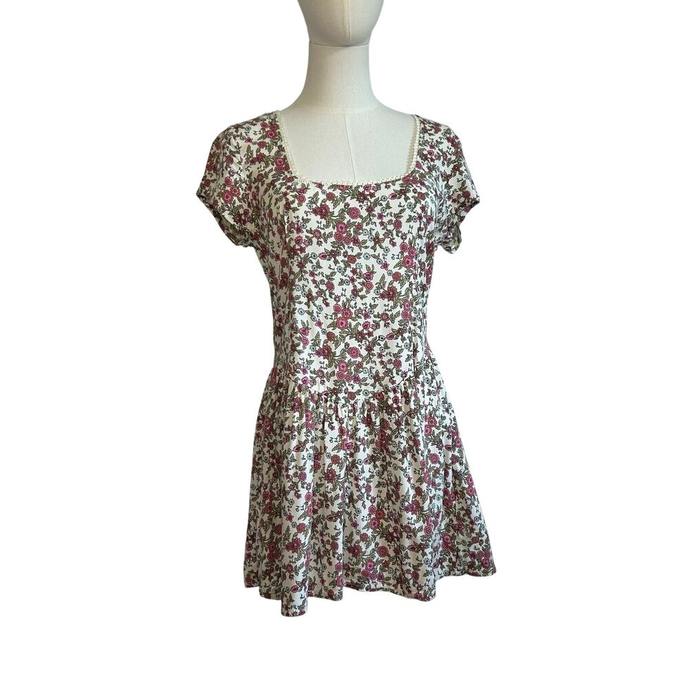 Motel White Pink Cottagecore Pleated Mini M Dress Basque Floral Coquette Fairy
